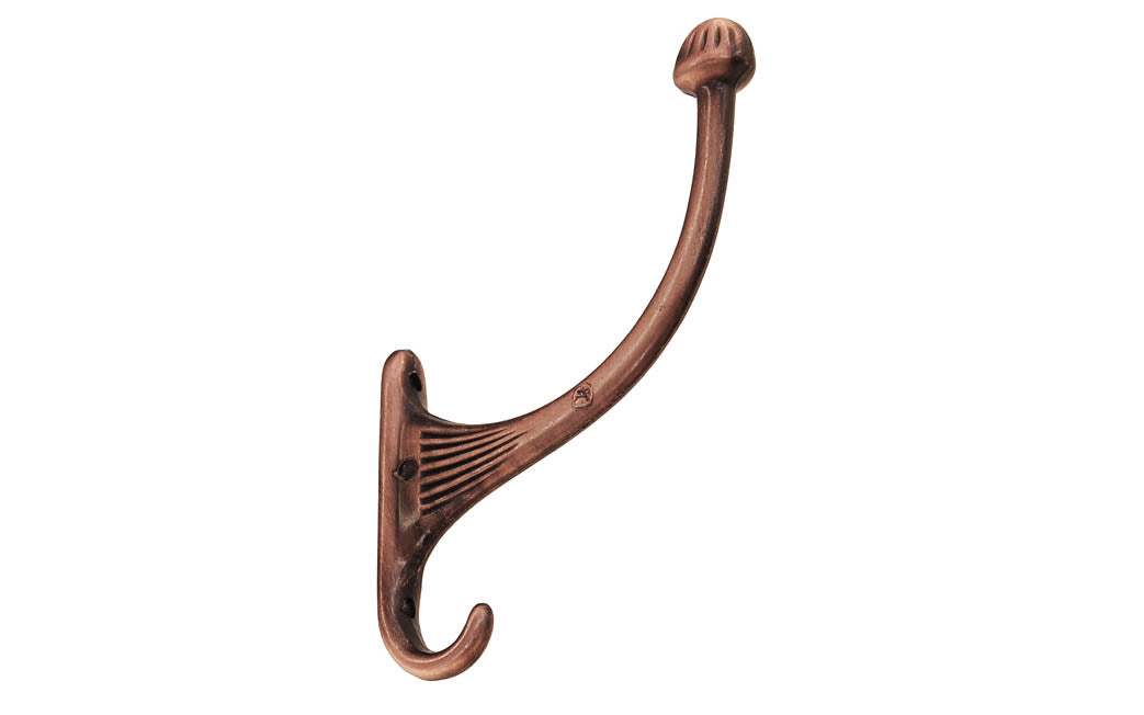 A retro looking & attractive 1930's Art-Deco style antique copper finish hook. Great for use in hallways, hall trees, coat racks, kitchens, bedrooms. Designed in the 1930's, Streamline Moderne, Machine Age, Art Deco style of hardware. 5