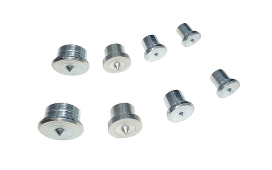 Dowel Center Set - 8 PC Set. Includes two each of  1/4",  5/16",  3/8",  &  1/2" diameter dowel centers. Makes dowel positioning quick & easy. Accurately marks holes for drilling.