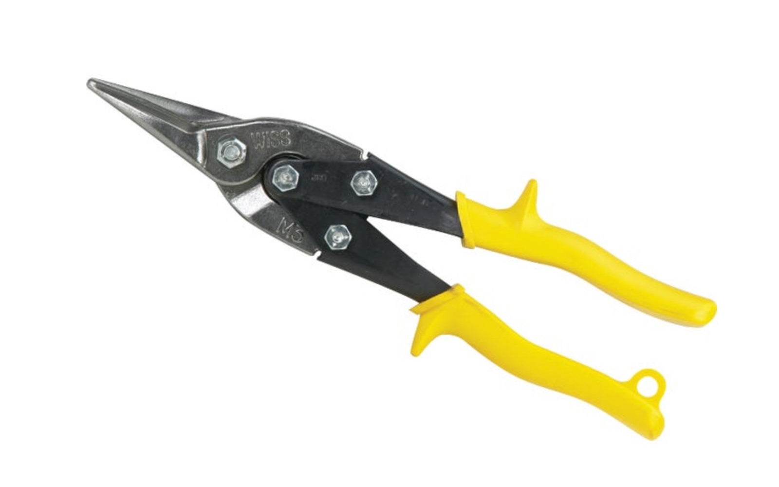 Wiss 9-3/4" Aviation Straight Compound-Action Snips. Compound cutting action allows the cutting of material up to 18 gauge carbon steel. Wear resistant molybdenum steel blades are made to stand up to the tremendous pressures created by the compound lever action. Non-slip grips provide superior control & comfort. Model M3R.