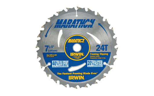 Irwin 7-1/4" Framing & Ripping Circular Saw Blade - 24 Tooth. General-purpose blade for cutting hard and softwoods. Precision-ground teeth for smooth, accurate cuts. Corrosion-resistant coating helps prevent rusting. 5/8" round arbor with diamond knockout. Irwin Model 25130.