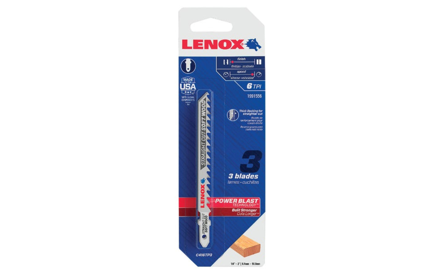 Lenox T-Shank 4" x 6 TPI Jig Saw Blade, Straight Cut Soft Wood - 3 PK. Tang shank (T-shank) fits most jigsaws.  Made in USA. Model 1991556. 3 blade pack. 