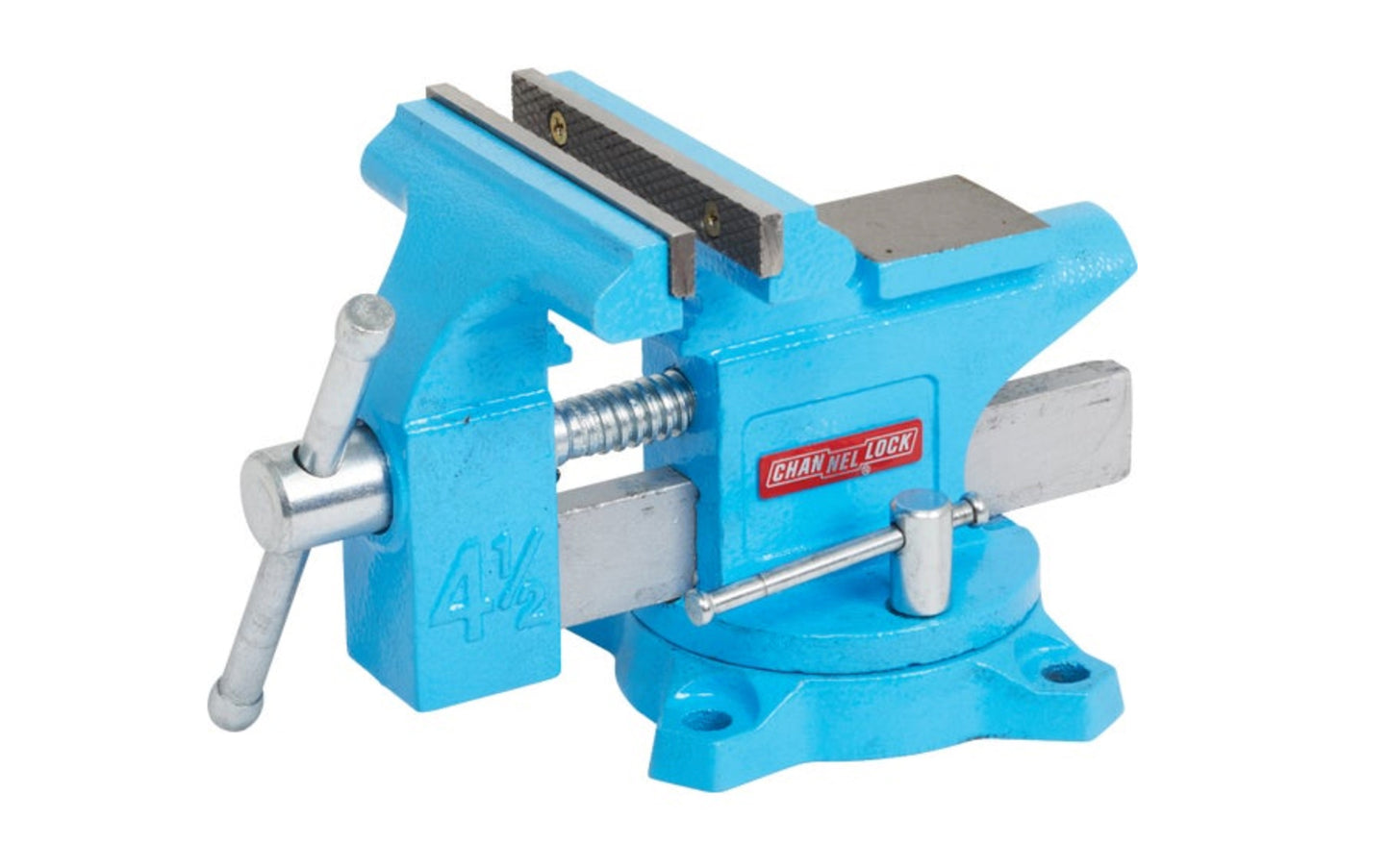 A light-duty bench vise with swivel base for your light-duty shop use, home, & professional use made by Channellock. These vises feature rugged strength you’d usually have to spend more for, with square four-hole swivel bases, sturdy steel jaw faces, ground & polished anvils, permanent pipe jaws, forming horns, & a minimum of 240 degrees of swivel. Replaceable steel jaws. Made by Channelock.