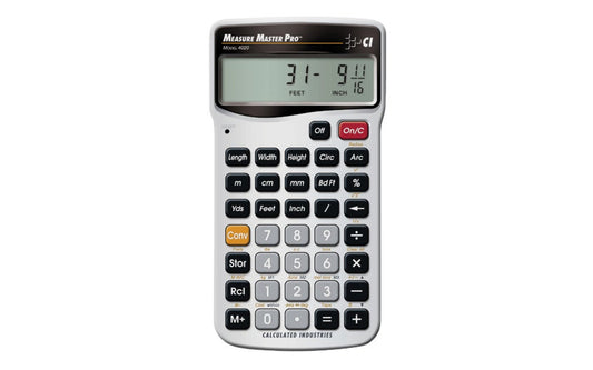 Calculated Industries "Measure Master Pro" Calculator. Model 4020. Calculates directly in feet, inches, fractions, yards, meters, centimeters, millimeters, including square or cubic formats of each. Instant solutions for circumference, circle area and arc lengths. Converts to and from all dimensional formats instantly.