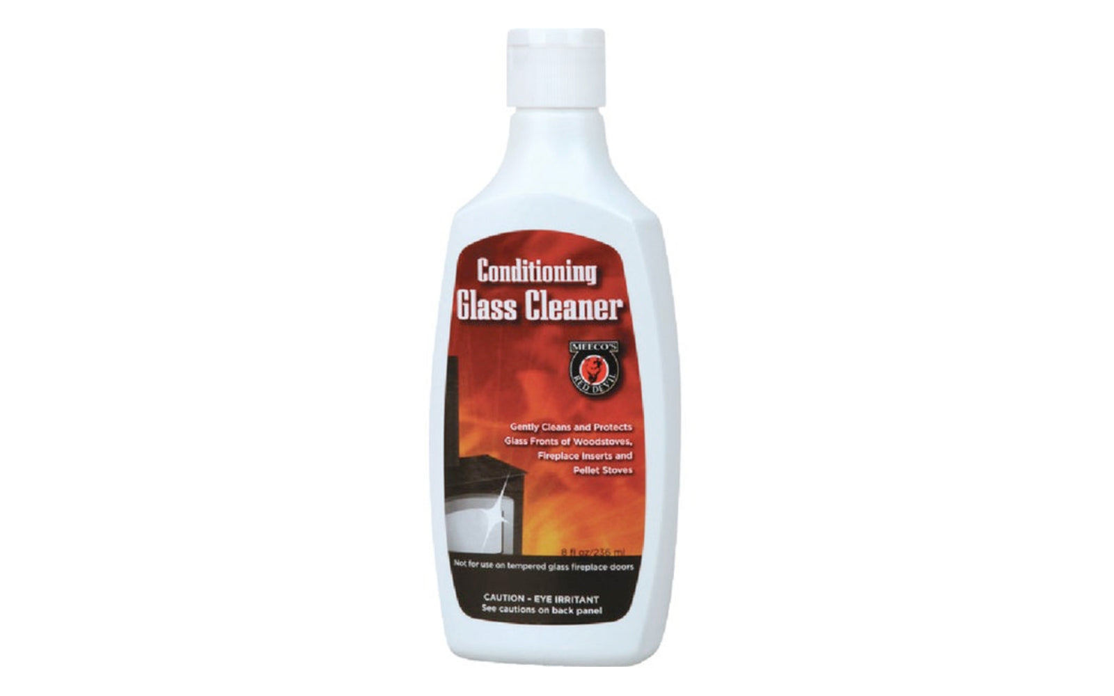 Meeco's Red Devil 8 oz Conditioning Glass Cleaner. Gently cleans and protects glass fronts of woodstoves, fireplace inserts, and pellet stoves. Nonscratching creme formula removes soot and creosote buildup. Leaves a protective silicone layer to make the next cleaning easier. Not for use on tempered glass doors. 8 oz. bottle.