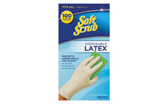 One Size Fits All Latex Disposable Gloves - 100-Pack. Latex disposable gloves. 1 size fits all. Latex has excellent abrasion, cut, and tear resistance. Withstands all liquids when mixed with water. Made by Soft Scrub.