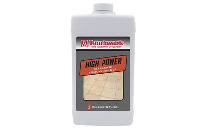 Lundmark 32 oz High Power Wax Remover. 1 quart of this heavy-duty concentrated wax remover makes 16 quart of stripper that removes wax without scrubbing. Simply apply then rinse. High power wax remover is not to be used on wood floors. Paste wax should be removed with paste wax remover.  Made in USA.