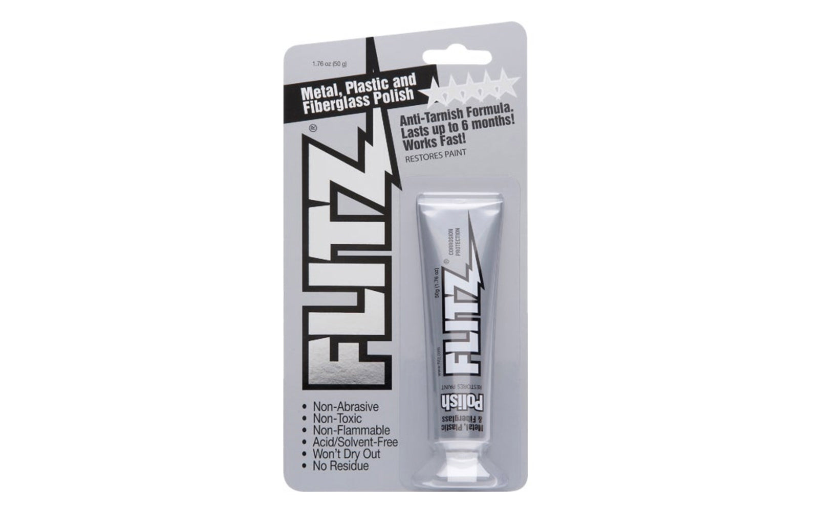 Flitz Paste Polish - 1.76 oz. A double strength blueing solution for polished steel parts & hardened steels. For use on Brass, copper, silverplate, sterling silver, chrome, stainless steel, nickel, bronze, solid gold, aluminum, anodized aluminum, beryllium, magnesium, platinum, pewter. Made in USA.