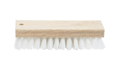 7-1/4" Polypropylene Bristle Scrub Brush. General-purpose brush for use in homes and by maintenance personnel. Bristles trimmed to 1" length. Hardwood block with hanging hole. Made in USA.