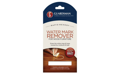Guardsman Water Mark Remover. Removes minor blemishes from finished, sealed wood surfaces, along with stains, marks, & rings caused by water, heat, permanent marker, alcohol, & latex paint. Made from 100% cotton. Reusable. Contains (1) 4" x 5" cloth.  Made by Guardsman.