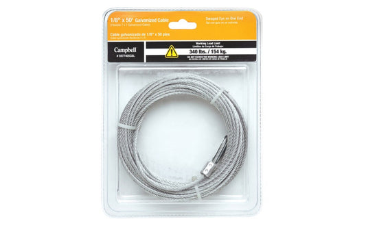 Campbell 1/8" x 50' Galvanized Cable with One Swaged Eye End. Galvanized steel security cable. Swaged eye one end. 340-pound working load limit. 1/8-inch thick. 5977405CBL. 020418239557