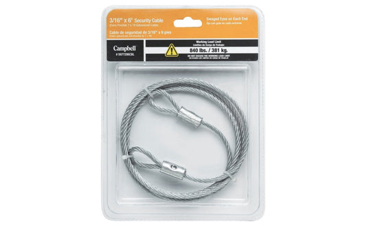 Campbell 3/16" x 6' Galvanized Security Cable with Two Swaged Eyes. Galvanized steel security cable. Swaged eye one end. 840-pound working load limit. 3/16-inch thick. 5977206CBL. 020418239540