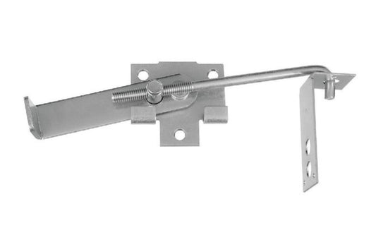 Jamb latch designed to hold wood and metal doors firmly in place against the door jamb on farm and utility buildings. Can also be used for end gates on stake trucks. Right or left hand application. Pre-punched, reversible strike plate for use on 1-1/2" or 3-1/2" thick door frames. Zinc-plated, WeatherGuard protection. National Hardware Model No. N161-760.