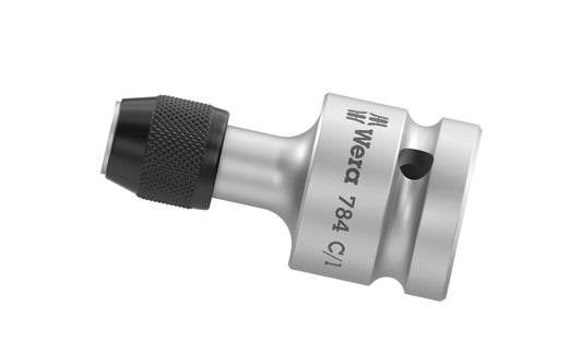 Wera Adaptor with Quick-Release Chuck 784C/1. Adaptor from square to hexagonal. Comes with quick-release chuck for rapid bit change. Suitable for the attachment of bits with 1/4" hexagon drive as per DIN ISO 1173-C 6.3. Made in Czech Republic.