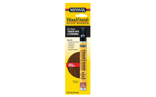 Minwax Stain Marker - Dark Walnut. Color-matched to Minwax stains: Jacobean, Dark Walnut finishes. Use on furniture, cabinets, wood molding, accents, small projects, other finished wood surfaces. Quick & easy touch-ups & staining. Minwax touch up stain pen. Touch-up stain marker.