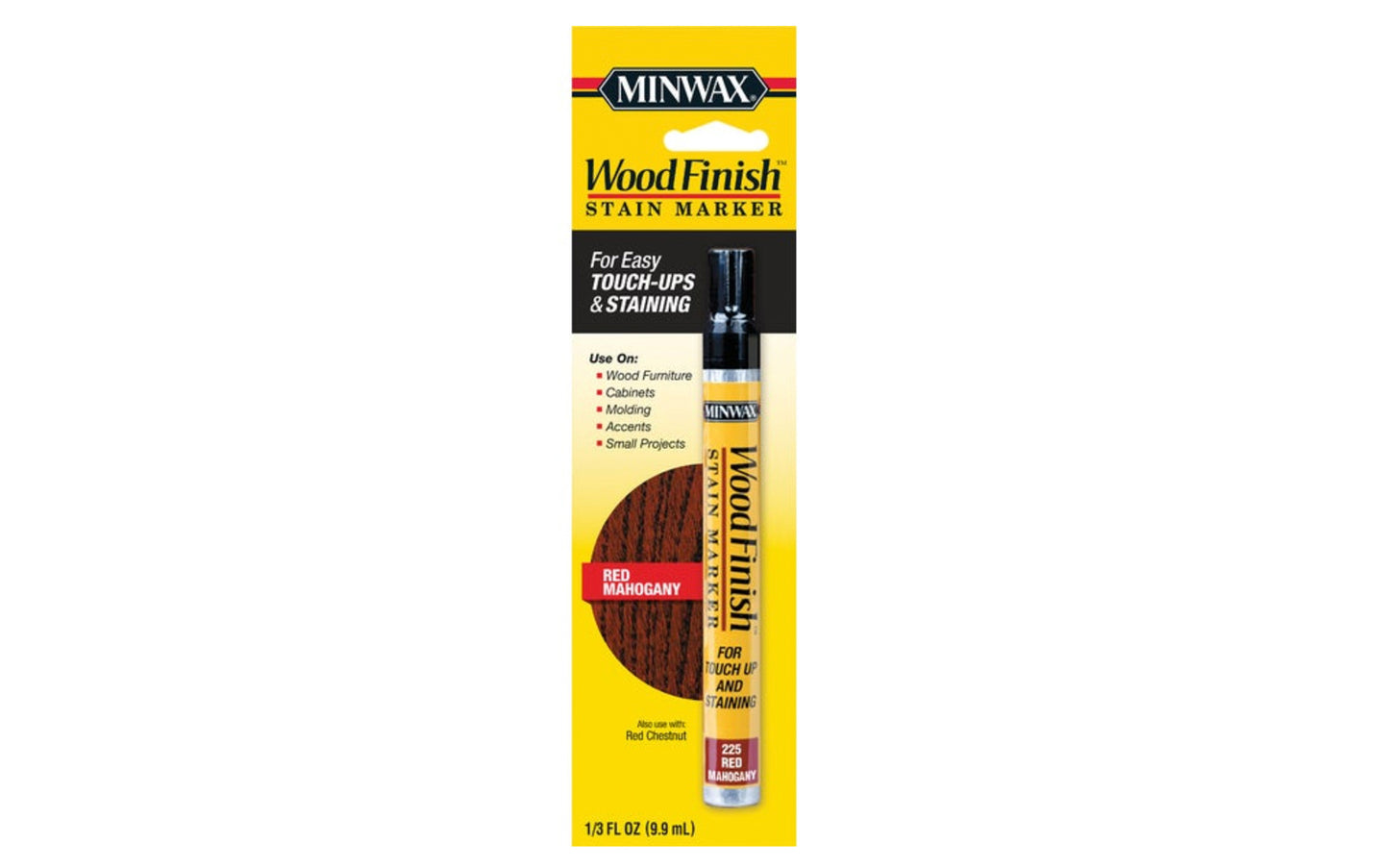 Minwax Stain Marker - Red Mahogany. Color-matched to Minwax stains: Red Chestnut finishes. Use on furniture, cabinets, wood molding, accents, small projects, other finished wood surfaces. Quick & easy touch-ups & staining. Minwax touch up stain pen. Touch-up stain marker.