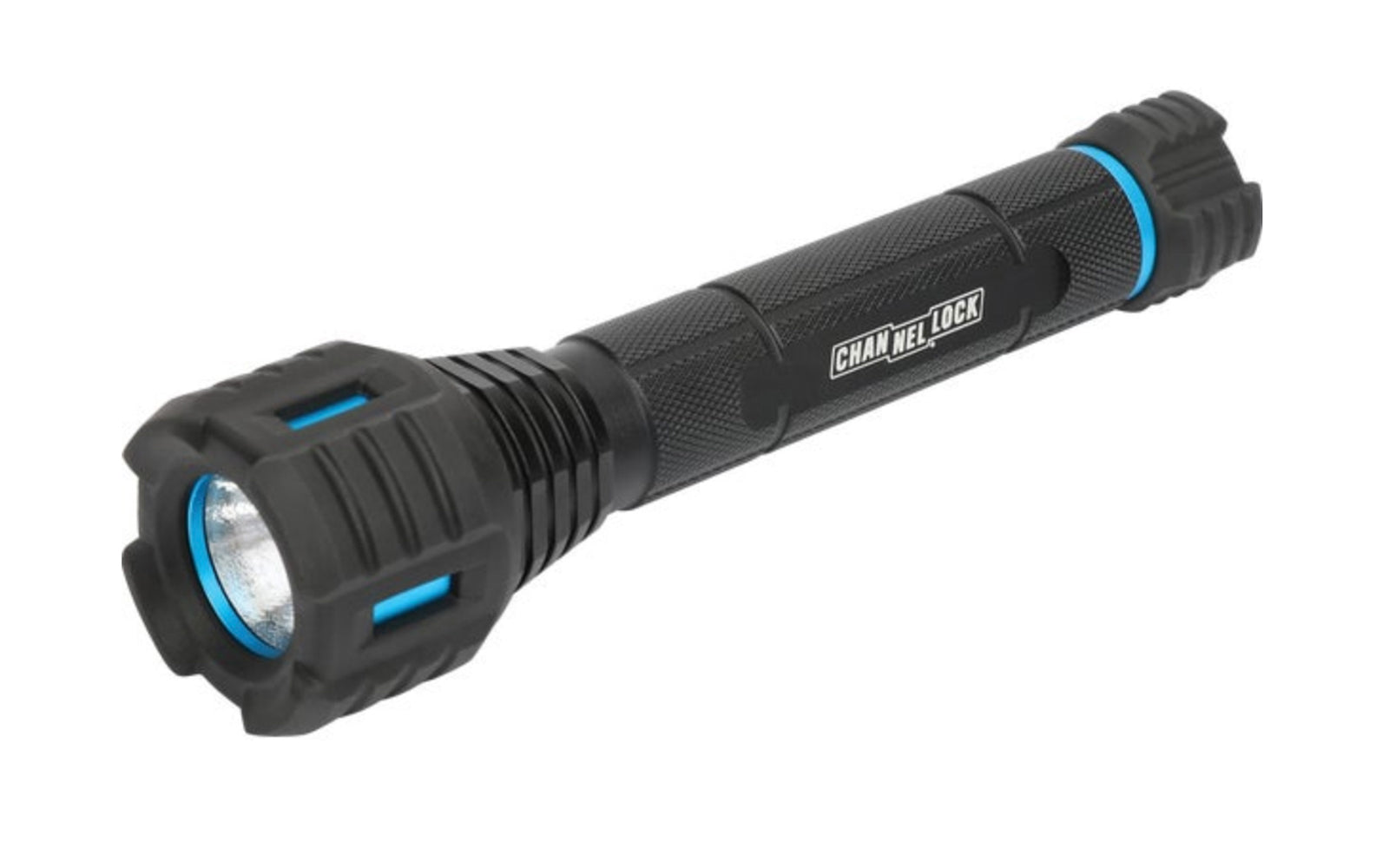 Channellock Flashlight - 90 Lumens. Full aluminum body with rubber head and tail cap to absorb impact. High performance LED (light emitting diode) with high, low, and strobe settings. Made by Channellock.