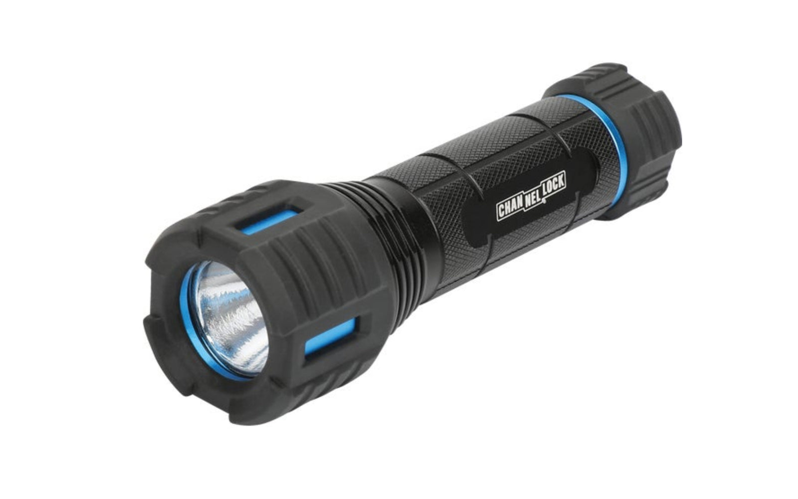 Channellock Flashlight - 165 Lumens. Full aluminum body with rubber head and tail cap to absorb impact. High performance LED (light emitting diode) with high, low, and strobe settings. Made by Channelock.