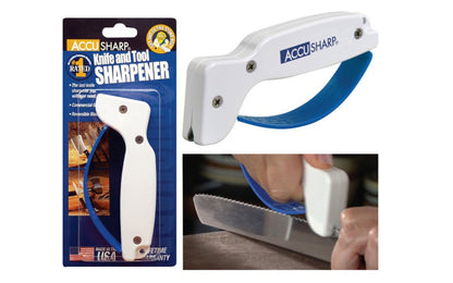 AccuSharp Knife & Tool Sharpener with handle. Sharpens kitchen knives, pocket/hunting knives, axes, arrowheads, & garden tools. Sharpens quickly, easily, & accurately. Reversible sharpening blades provide extended life. Features safety hand grip to prevent cuts & diamond-honed tungsten carbide blade. Made in USA.