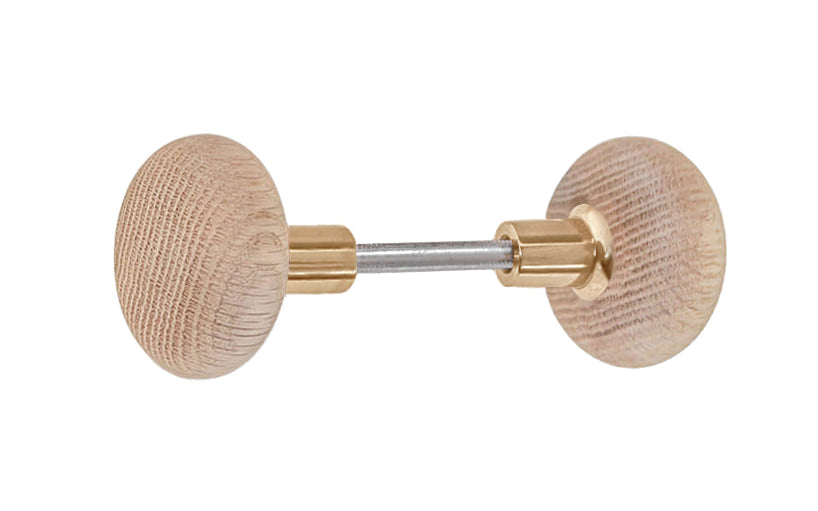Vintage-style Hardware · Solid Oak Wood Doorknob Set ~ Round Style ~ 2-1/4" diameter knob ~ Solid brass ferrule base ~ Will fit doors with a thickness of 1" to 2-1/2". Wooden door knob. Lacquered Brass Finish.