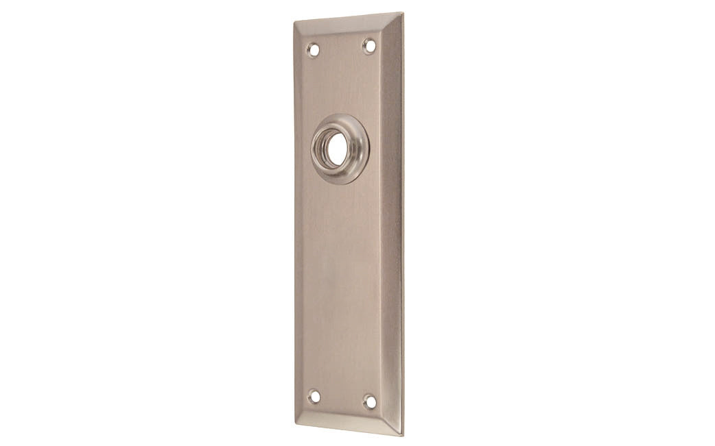 Brass Escutcheon Door Plate ~ Brushed Nickel Finish ~ Vintage-style Hardware · Classic & traditional design ~ Quality stamped brass material ~ 7" high x 2-1/4" wide ~ For solid or pre-bored (2-1/8") hole doors