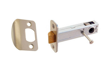 Spring Latch for Doors (Privacy) with 2-3/4" Backset. Designed for traditional doorknobs with square spindle shaft. Steel casing & solid brass plates. For vintage antique door knobs, or reproduction door knobs. For locking doors. Brushed Nickel Finish