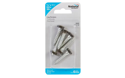 5/16" x 1-1/2" Black Zinc Hex Lag Screws - 6 Pieces. Steel, zinc-plated with satin black painted finish to match painted hardware. Designed for use with National heavy-duty ornamental strap hinges or heavy-duty ornamental T-hinges. National Hardware Model No. N179-150.