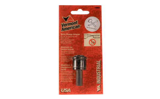 Vermont American Quick Change Chuck Adapter. For 1/4" hex shank bits with power groove. Converts standard drill chuck into a quick change attachment. Made in USA. Model No. 14965.