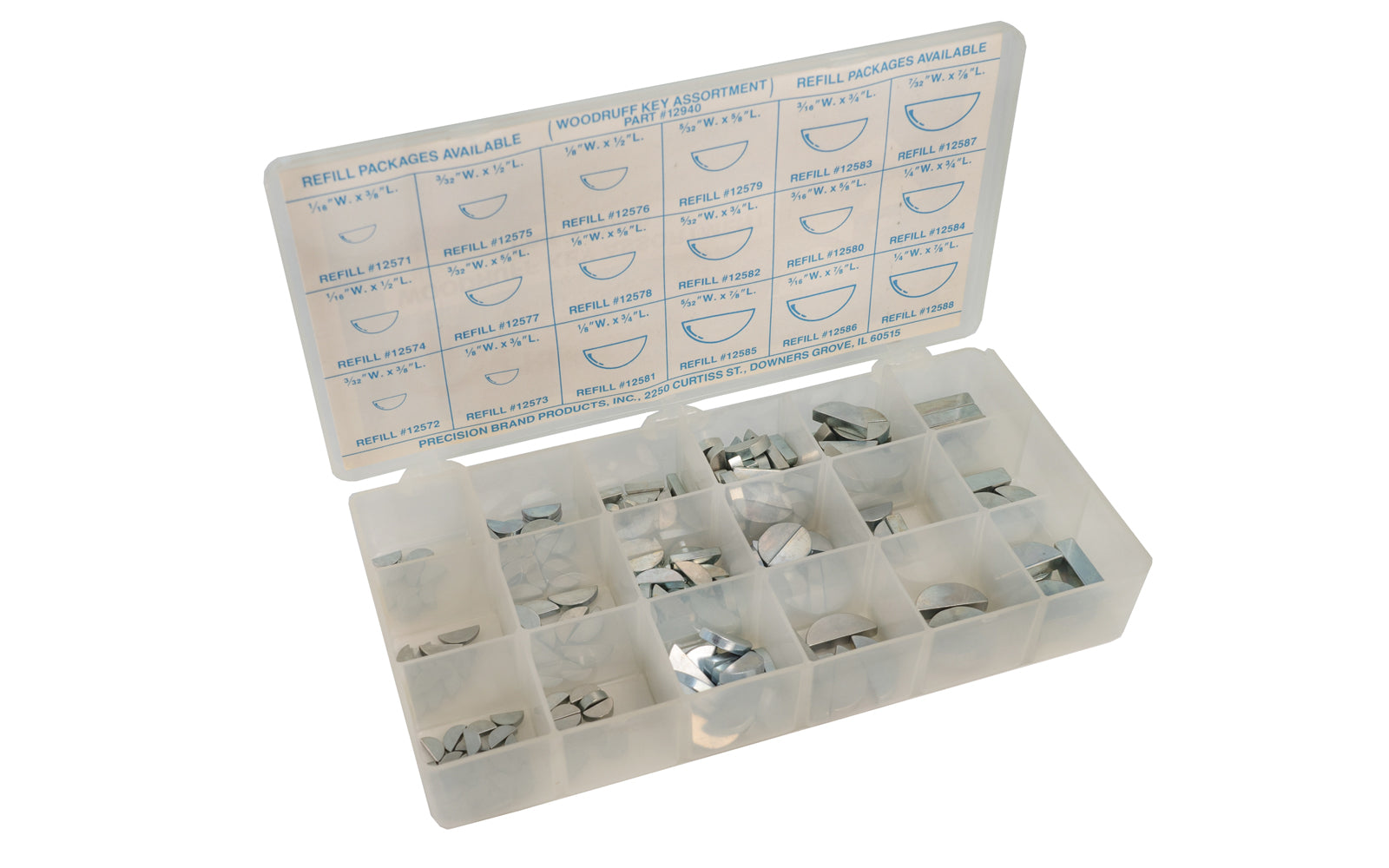 Woodruff Key Assortment Kit with plastic box. Precision Brand Model 12940