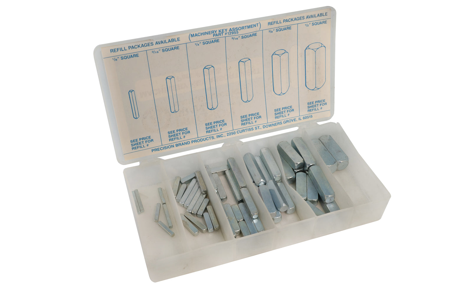 Machinery Key Assortment Kit with plastic box. Precision Brand Model 12955. 