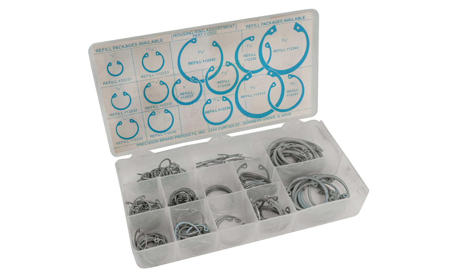 Housing Ring Assortment Kit with plastic box. Precision Brand Model 12920. Un-used old stock - sold as is.