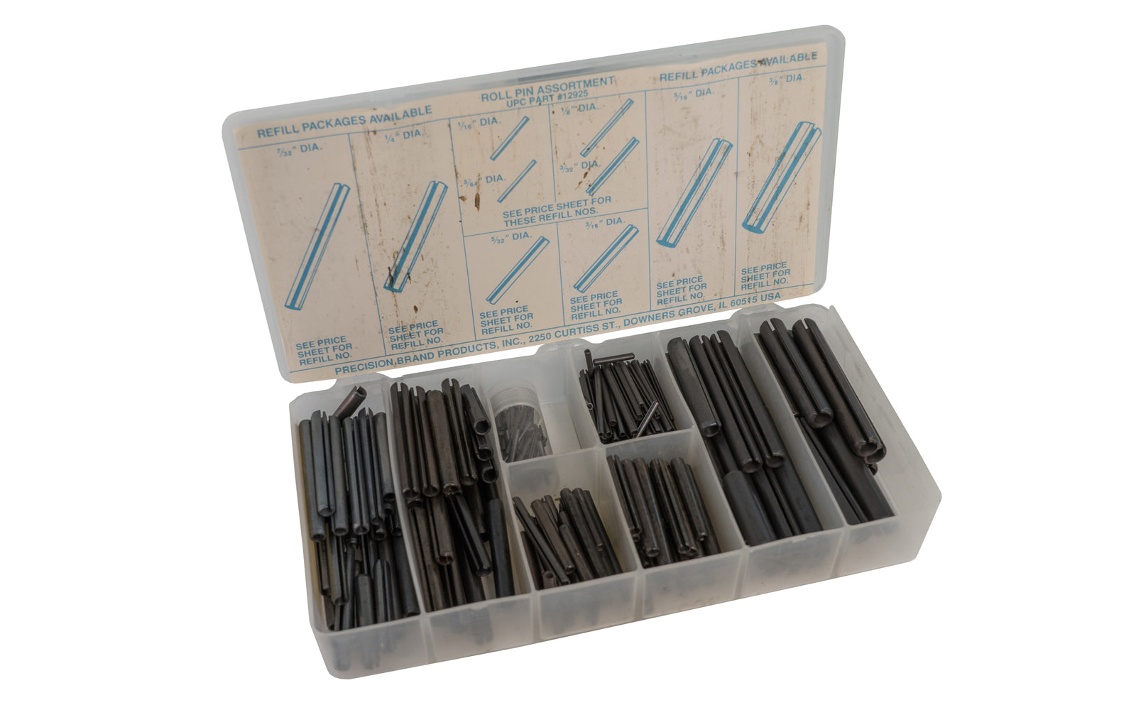 Roll Pin Assortment Kit with plastic box. Precision Brand Model 12925. Un-used old stock - sold as is.