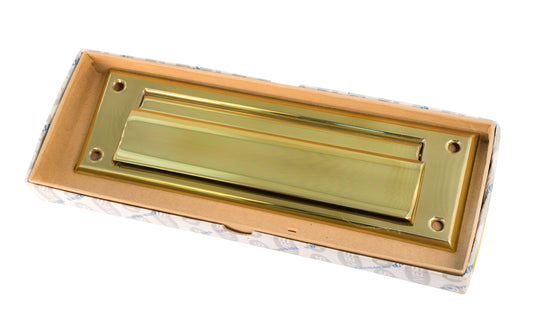 Ives Solid Brass Mail Slot. Made by Ives Hardware. 7-1/2" mail slot opening - 10" x 3" overall size. Front plate with flap only. Lacquered Brass on Solid Brass material. Screws not included. Model 09-417-605 - Made by Ives Hardware.