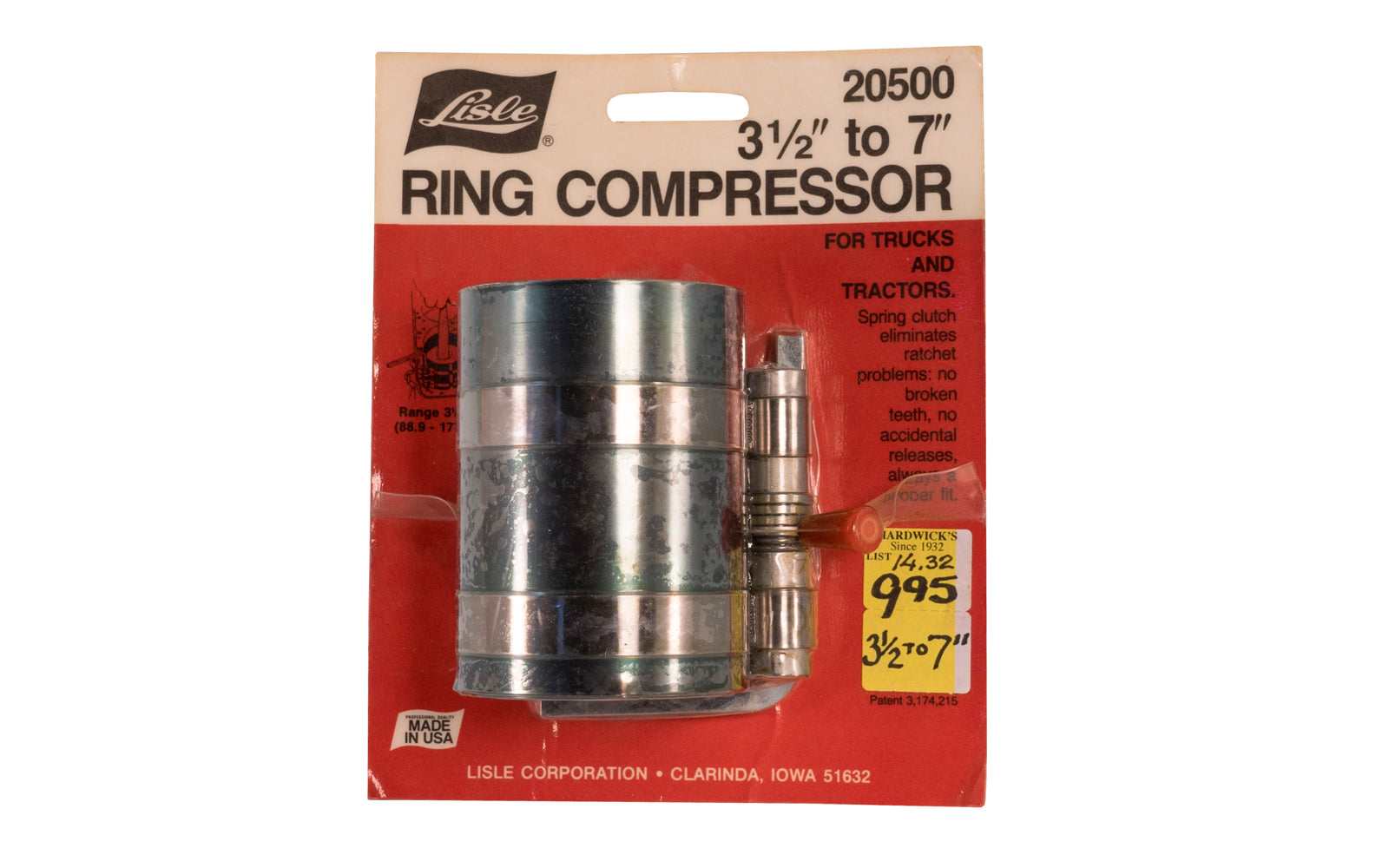 Lisle 3-1/2" to 7" Ring Compressor. For tricks & tractors. Spring clutch eliminates ratchet problems: No broken teeth, no accidental releases.