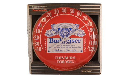Vintage Budweiser Thermometer. Inside original box from 1986. The Thermometer corporation of America.  Made in USA. 12" diameter.