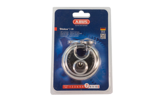 ABUS  "Diskus" Hardened Disc Padlock. This stainless steel disc lock offers 360 degree all round protection, effectively combatting the most common ways of forcing it open Anti cut plate offers added security; Includes 2 keys. Made in Germany.