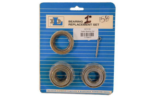 1" I.D. Bearing Replacement Set. 1" inside diameter Bearing Replacement Set. Trailer Bearing Set. Made in USA. 1" ID. 2" OD. Dutton-Lainson Co. Hastings, Nebraska. 