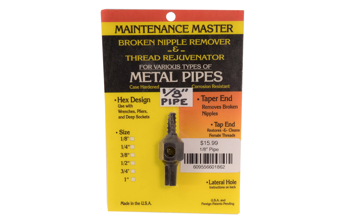 Broken Nipple Remover & Thread Rejuvenator - 1/8" Pipe. Hex design: Use with wrenches, pliers, & deep sockets. Taper End: Removes broken nipples. Tap End:  Restores & cleans female threads.   Made in USA.