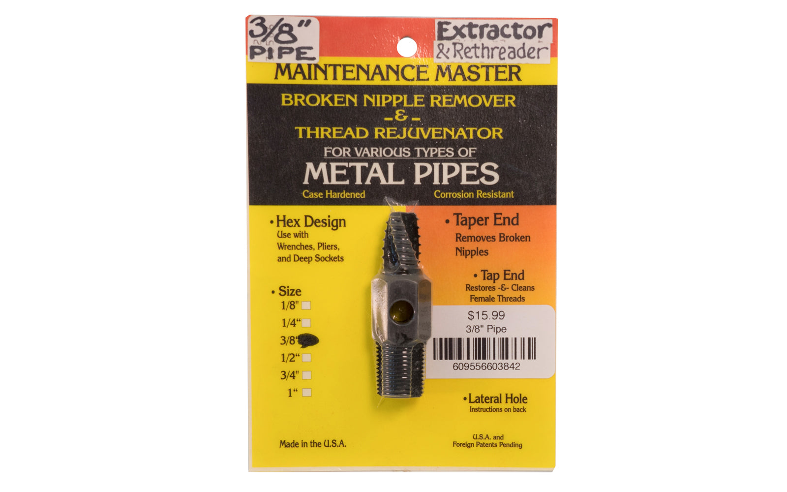 Broken Nipple Remover & Thread Rejuvenator - 3/8" Pipe. Hex design: Use with wrenches, pliers, & deep sockets. Taper End: Removes broken nipples. Tap End:  Restores & cleans female threads.   Made in USA.