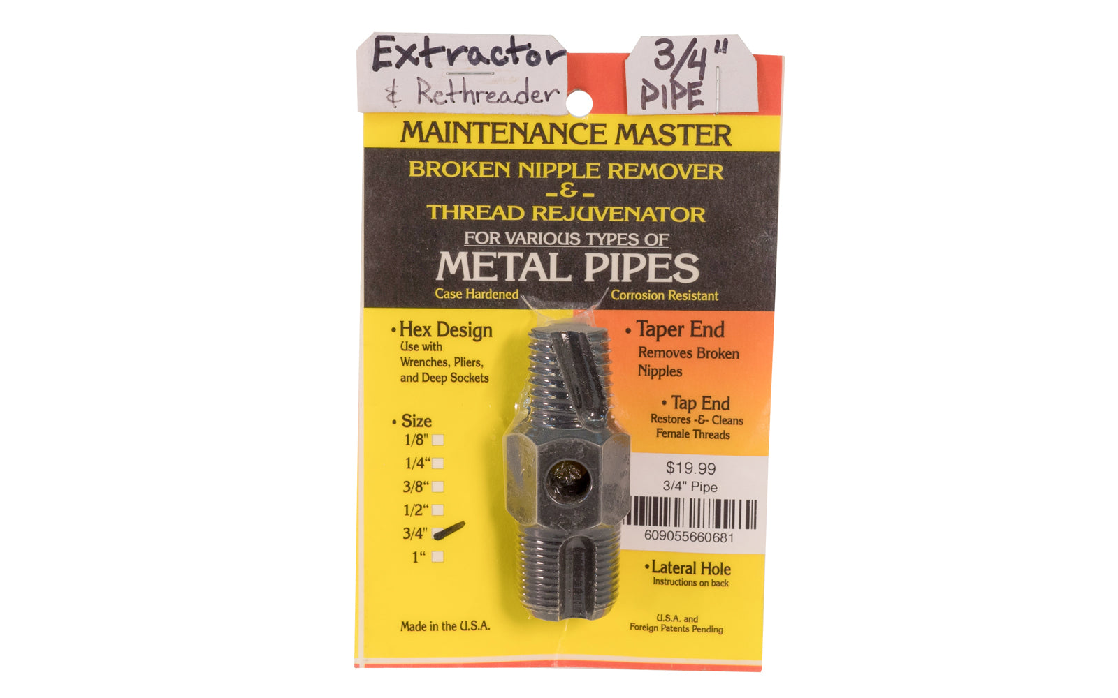 Broken Nipple Remover & Thread Rejuvenator - 3/4" Pipe. Hex design: Use with wrenches, pliers, & deep sockets. Taper End: Removes broken nipples. Tap End:  Restores & cleans female threads.   Made in USA.