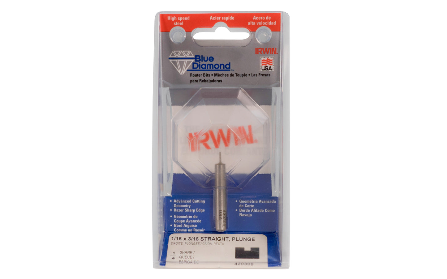 Irwin HSS 1/16" x 3/16" Straight Router Bit - Made in USA. High Speed Steel Router Bit. 3/16" depth. 1-7/8" length. Irwin Blue Diamond Model No. 420309. Made in USA.