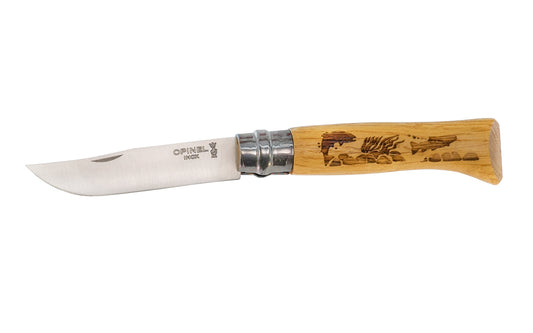 Made in France · Opinel Stainless Steel No. 8 Knife ~ "Fish" Handle. 3-1/4" long foldable stainless blade with stainless locking collar ~ Beechwood handle with specially engraved dog motif. Opinel Inox knife.