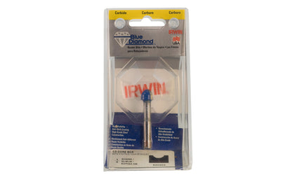 Irwin Carbide 1/4" Core Box Router Bit - Made in USA. Carbide - High Grade Steel construction Router Bit. 2" overall length. 1/4" shank. Irwin Blue Diamond Model No. 520202. Made in USA.