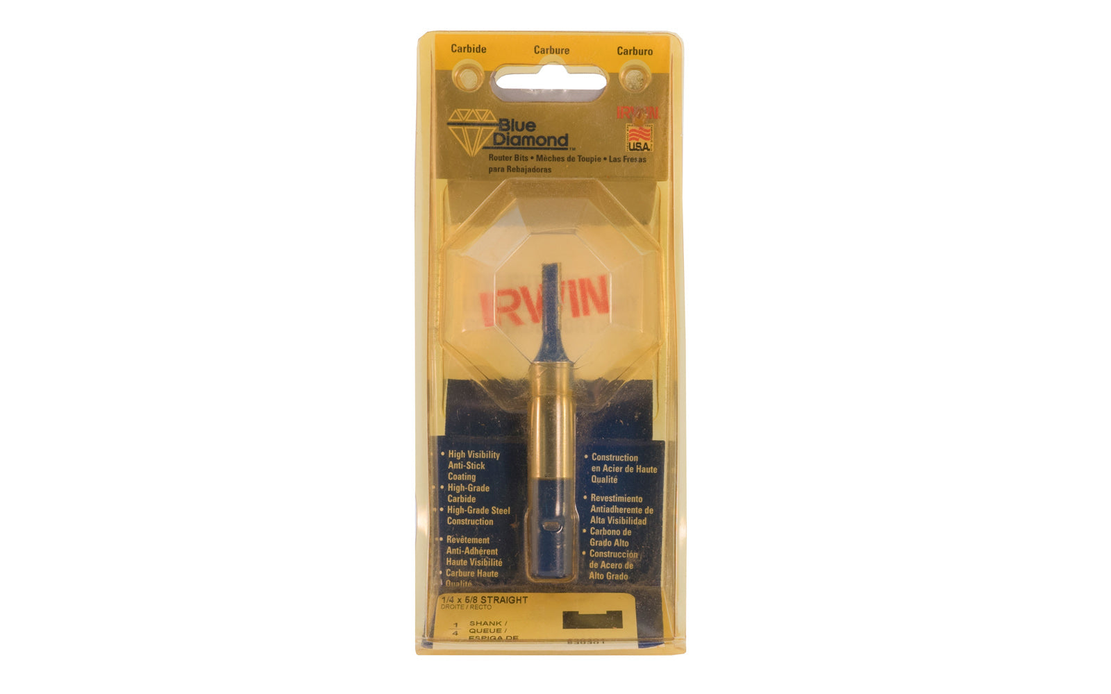 Irwin Carbide 1/4" x 5/8" Straight Router Bit - Made in USA. Carbide - High Grade Steel construction Router Bit. 5/8" depth. 2-1/4" overall length. 1/2" shank. Irwin Blue Diamond Model No. 530301. Made in USA.