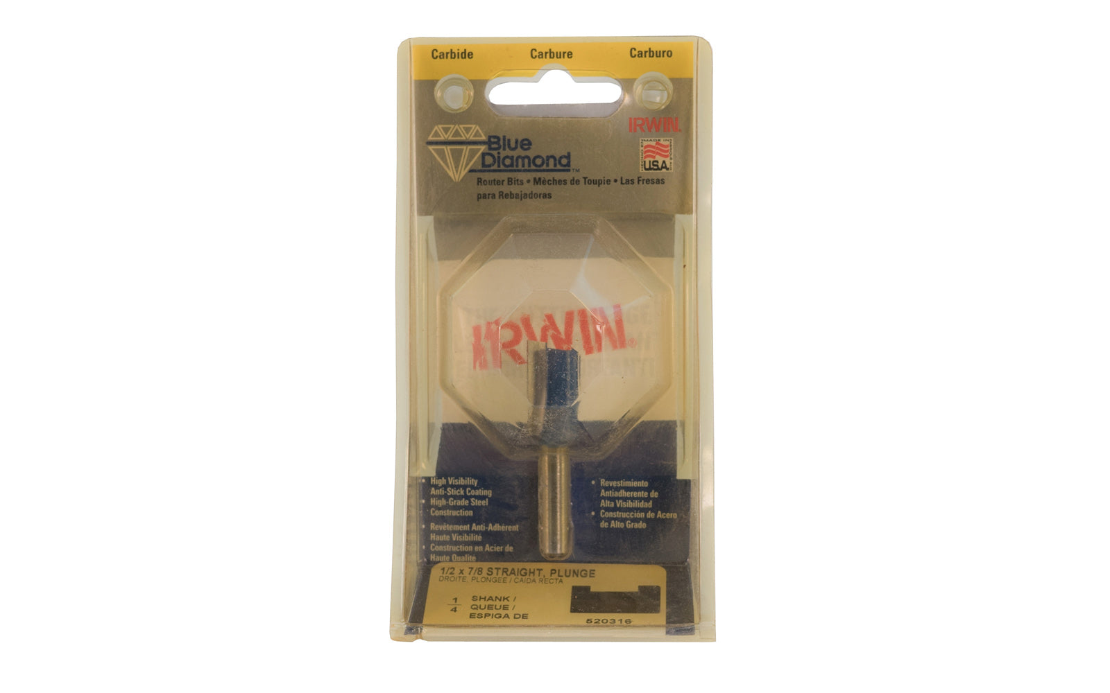 Irwin Carbide 1/2" x 7/8" Straight Plunge Router Bit - Made in USA. High grade Steel construction Router Bit. 2" overall length. 1/4" shank. Irwin Blue Diamond Model No. 520316. Made in USA.