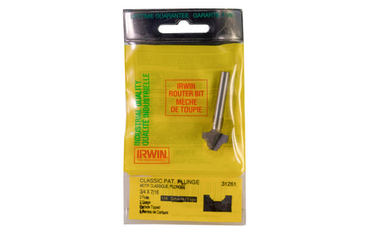 Irwin Carbide 3/4" Pat. Plunge Router Bit - Made in USA. Carbide Tipped Router Bit. 2" overall length. 1/4" shank. Irwin Model No. 31261. Made in USA.
