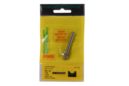 Irwin Carbide 3/8" Core Box Router Bit - Made in USA. Carbide Tipped Router Bit. 2" overall length. 1/4" shank. Irwin Model No. 31133. Made in USA.