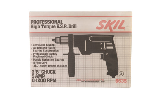 Skil Professional High Torque V.S.R. Drill - 6635. 5.0 Amp ~ 0-1200 RPM. 3/8" chuck. Corded - 8' cord. Made in USA. Old stock - unopened box.
