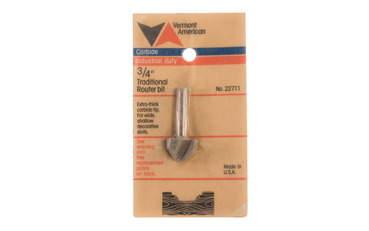 Vermont American 3/4" Traditional Carbide Router Bit. Extra-thick carbide tip for wide shallow decorative slots. Vermont American Model No. 22711.  Made in USA.