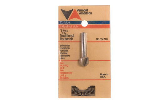 Vermont American 1/2" Traditional Carbide Router Bit. Extra-thick carbide tip for wide shallow decorative slots. Vermont American Model No. 22710.  Made in USA.