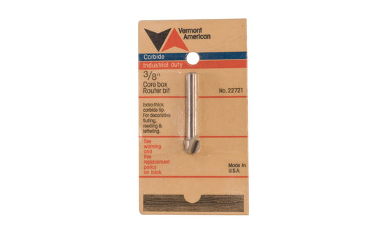 Vermont American 3/8" Core Box Router Bit. Extra thick carbide tip for decorative fluting, reeding & lettering. Vermont American Model No. 22721. Made in USA.
